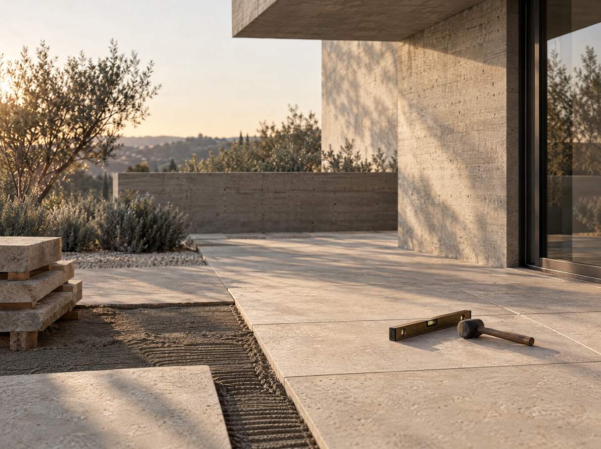 Assentamento de pavimento em pedra natural num terraço exterior.