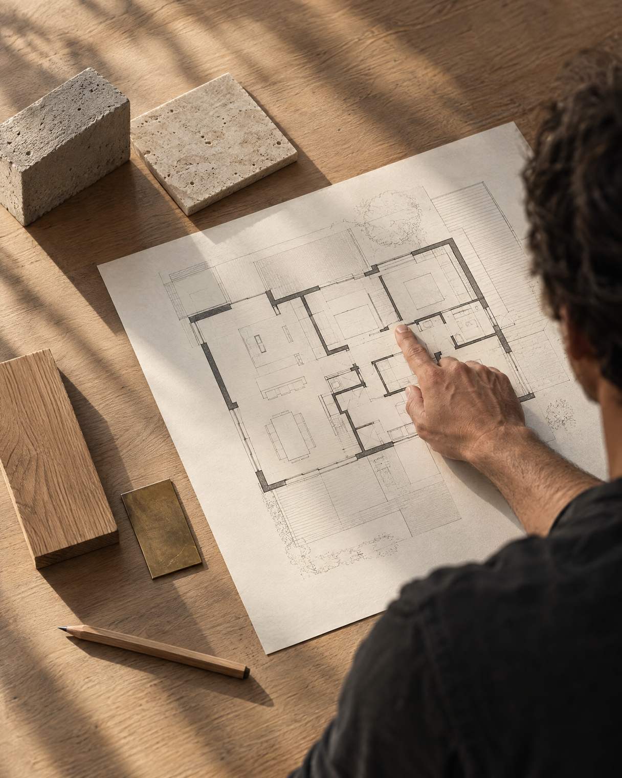 Profissional aponta para uma planta de arquitetura, junto a amostras de pedra, madeira e latão.