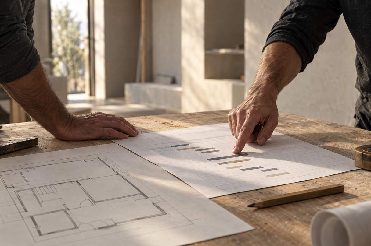 Reunião em obra sobre o planeamento impresso dos trabalhos.